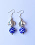 Blue Pottery One Bead Earring With Metal Fish In Blue Geometric Design